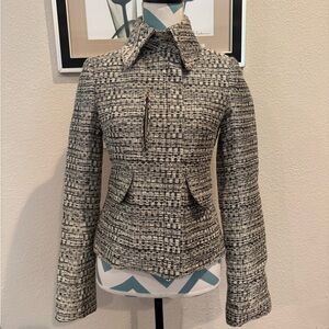 Tuleh Womens Olive Green White Champagne Gold Metallic Tweed Blazer Size 4